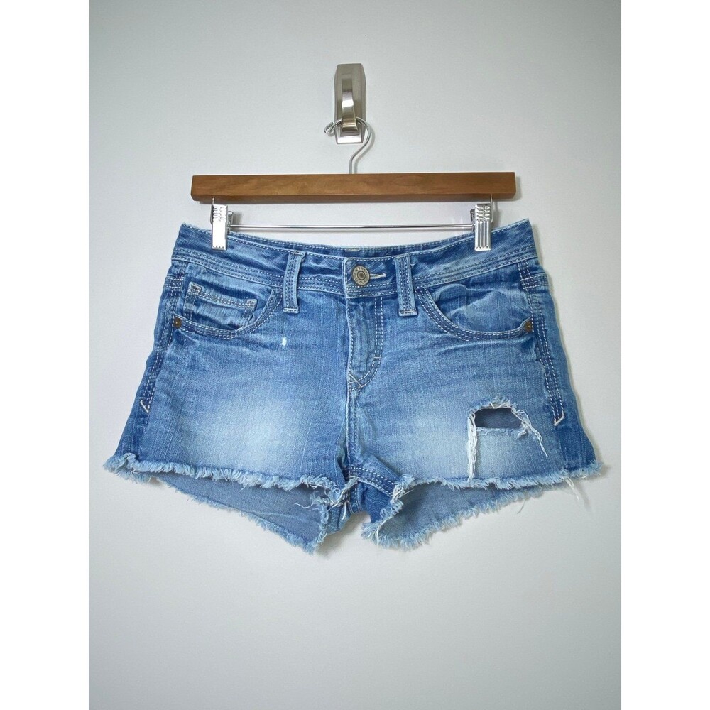 Express Jeans Distressed Denim Shorts Size 6 Frayed Raw Hem Blue